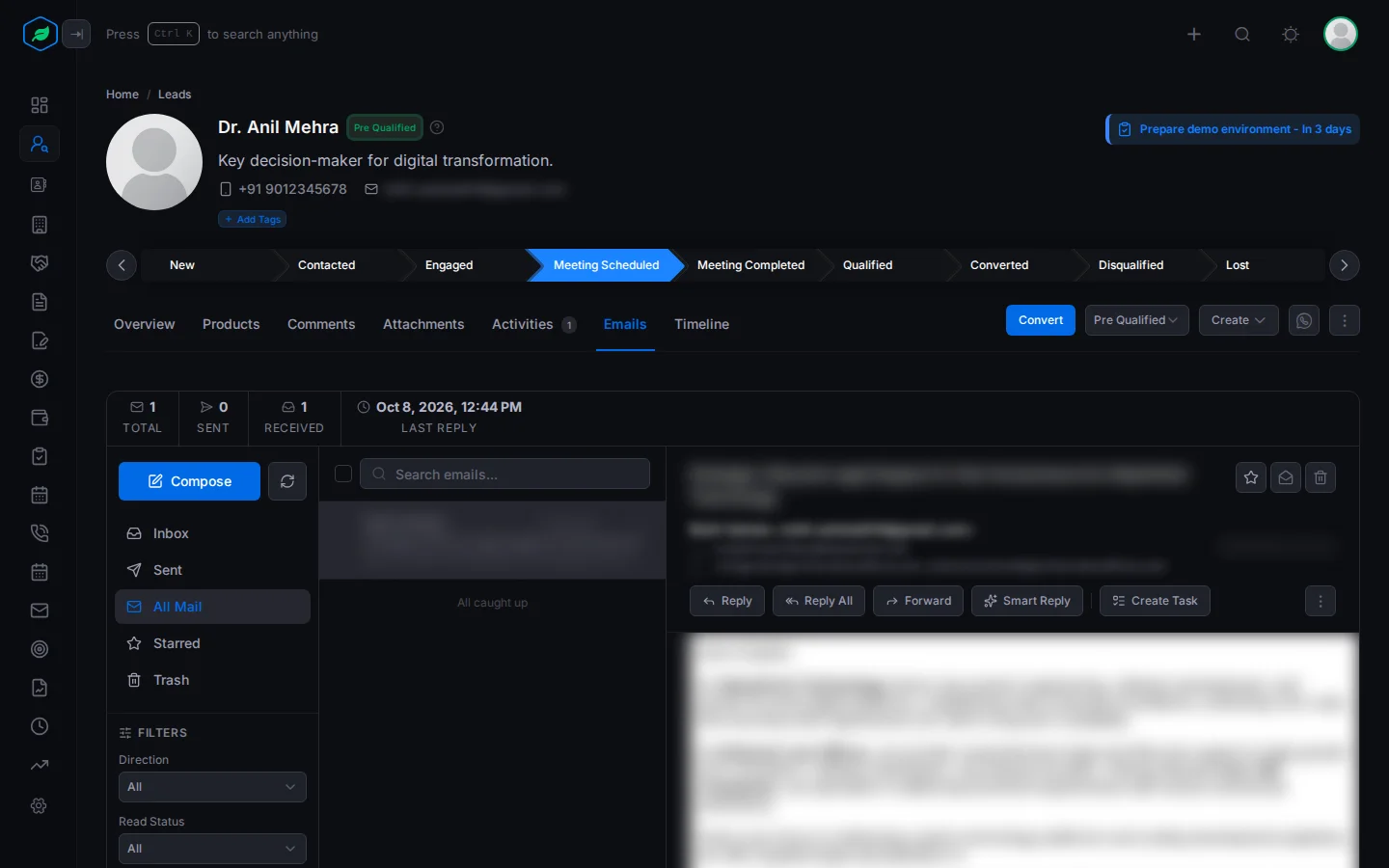 The Emails tab on a lead, with the email summary at the top, the lead's emails on the left and an open email with Reply, Forward and Smart Reply on the right