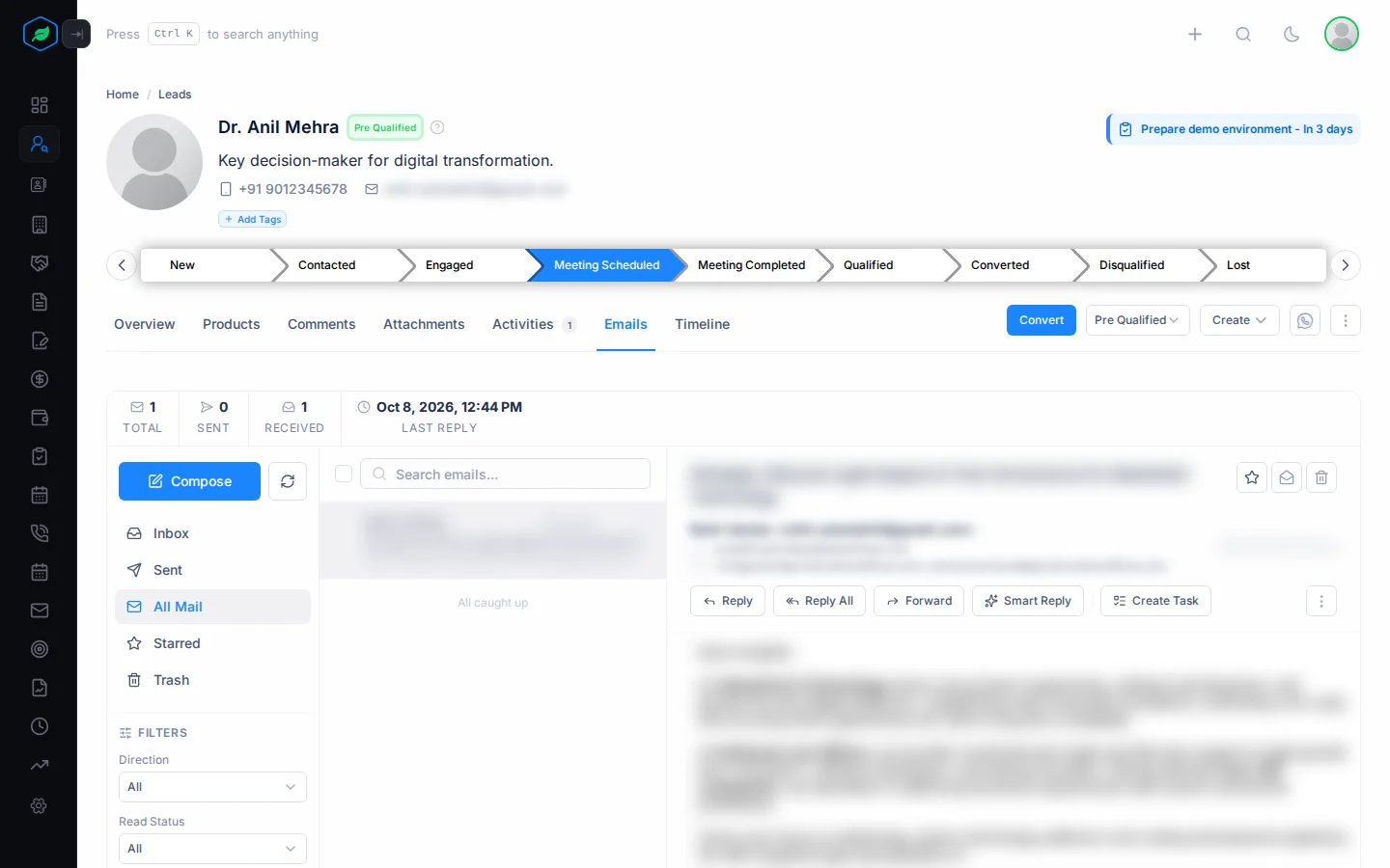 The Emails tab on a lead, with the email summary at the top, the lead's emails on the left and an open email with Reply, Forward and Smart Reply on the right
