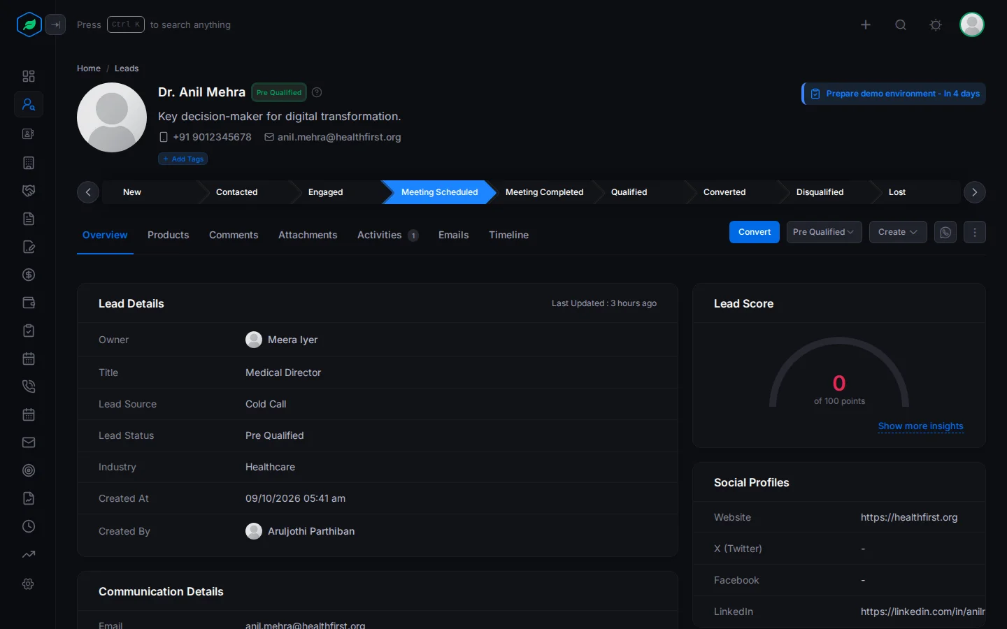 A lead's page: header with status badge, the stage bar, the tabs and header actions, and the Lead Details and Lead Score cards
