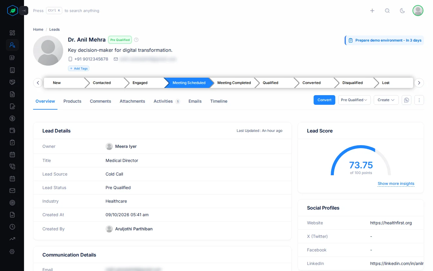 A lead's page: header with status badge, the stage bar, the tabs and header actions, and the Lead Details and Lead Score cards