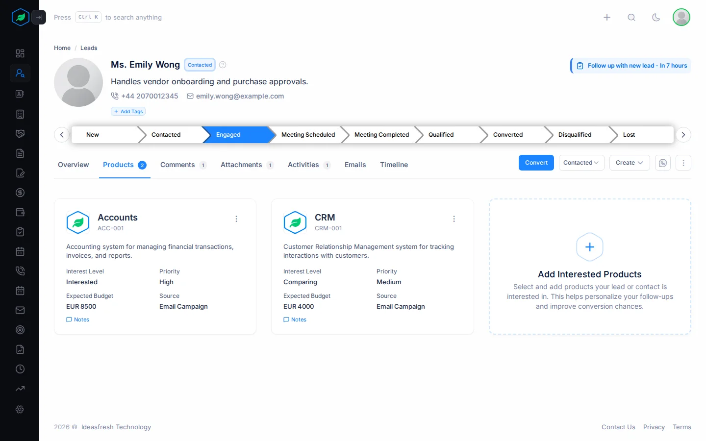 The Products tab on a lead, with a card for each product showing its interest level, priority, budget and source, and the Add Interested Products card