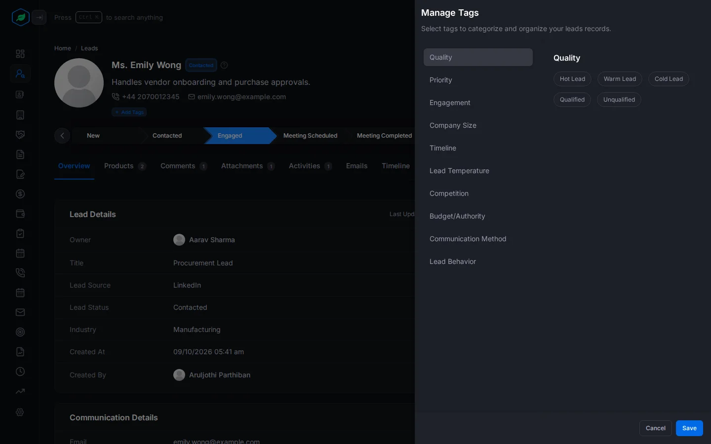 The Manage Tags panel open on a lead, with tags in groups
