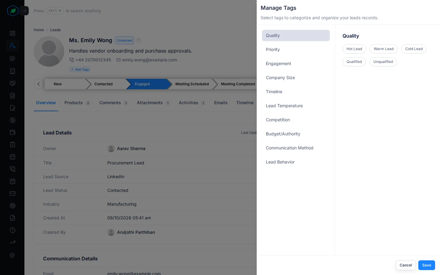 The Manage Tags panel open on a lead, with tags in groups