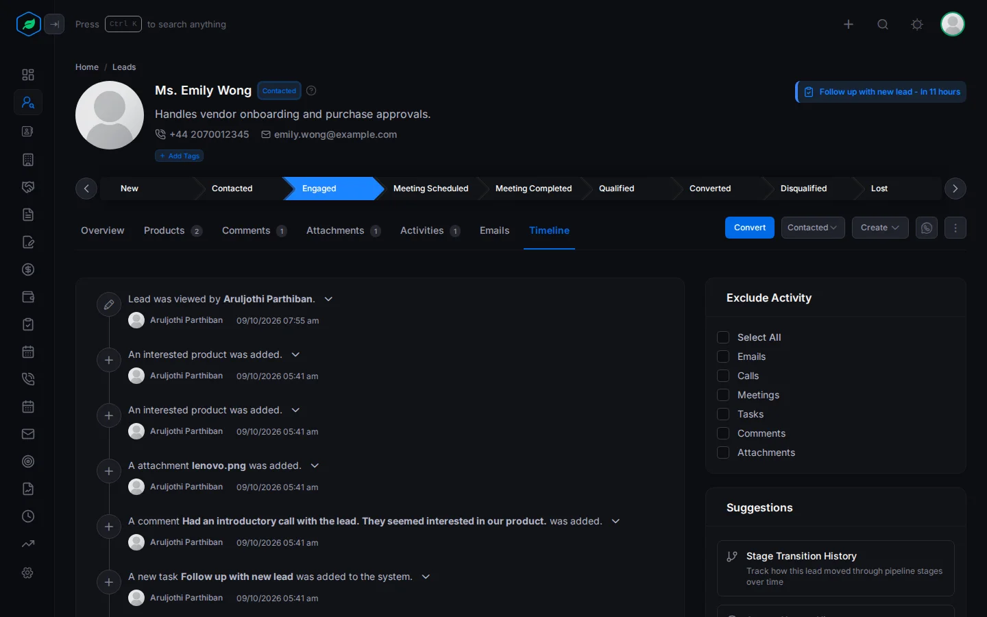 The Timeline tab with the lead's history on the left, and Exclude Activity and Suggestions on the right