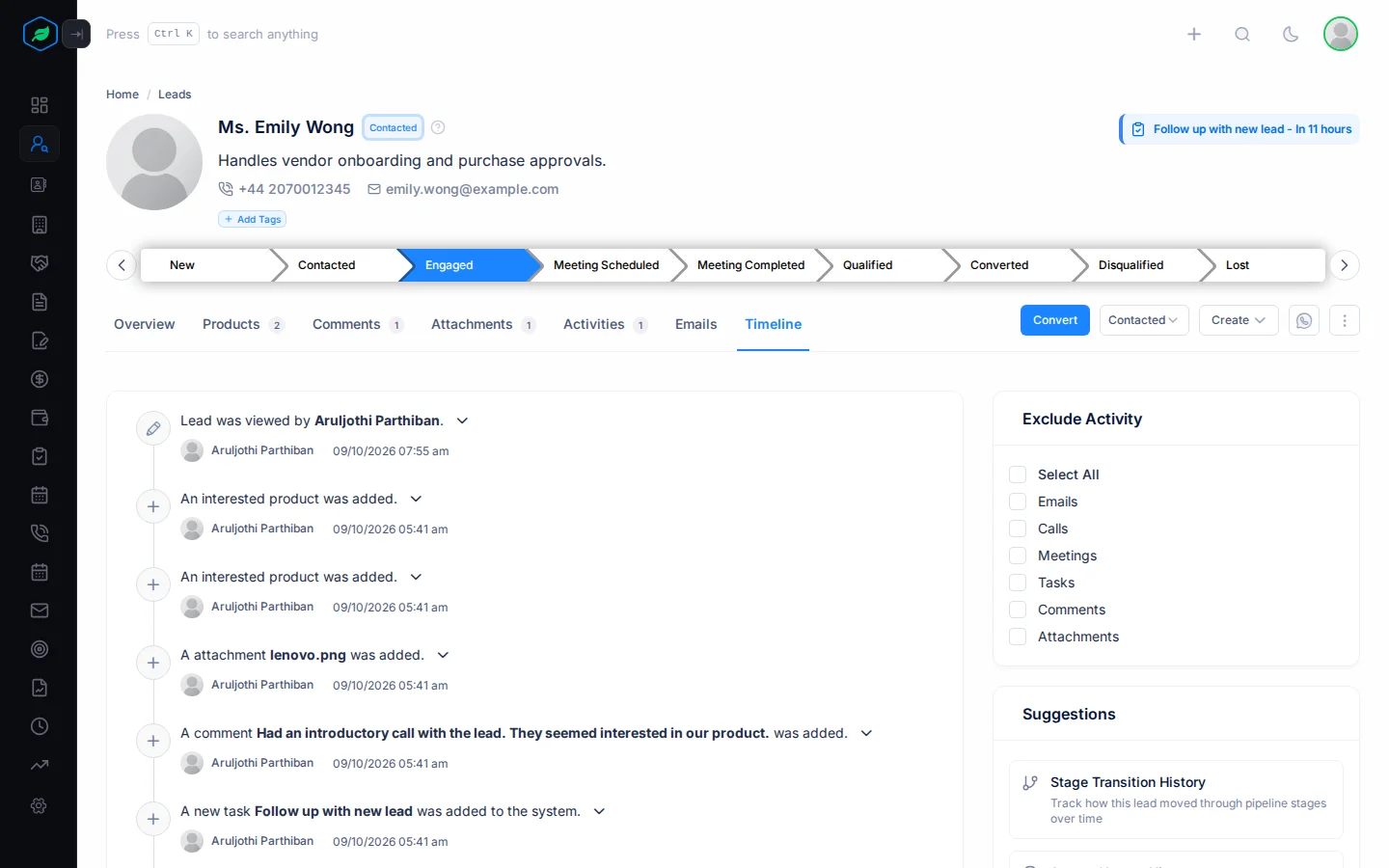 The Timeline tab with the lead's history on the left, and Exclude Activity and Suggestions on the right