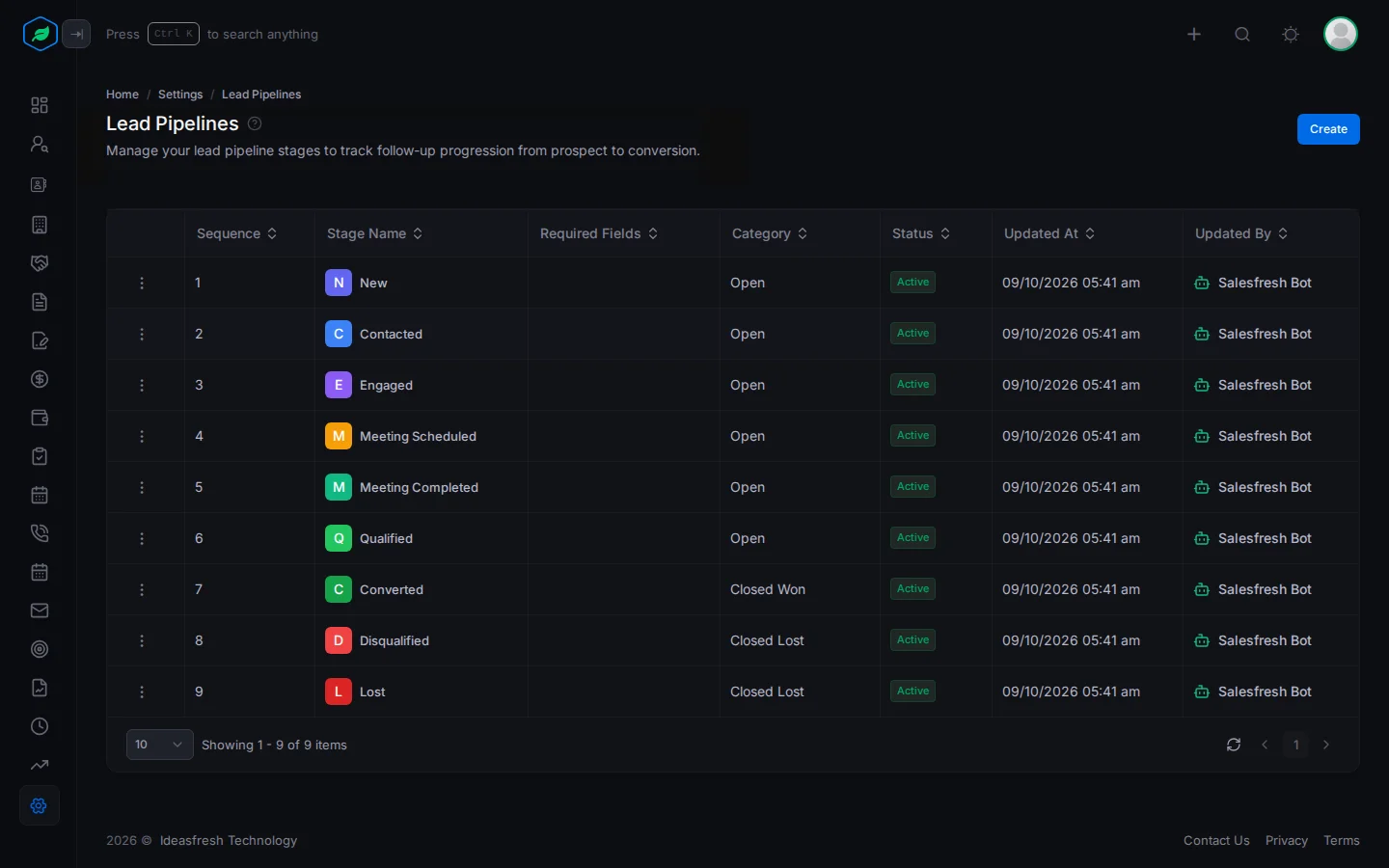 The Lead Pipelines settings page listing each stage with its sequence, category and status