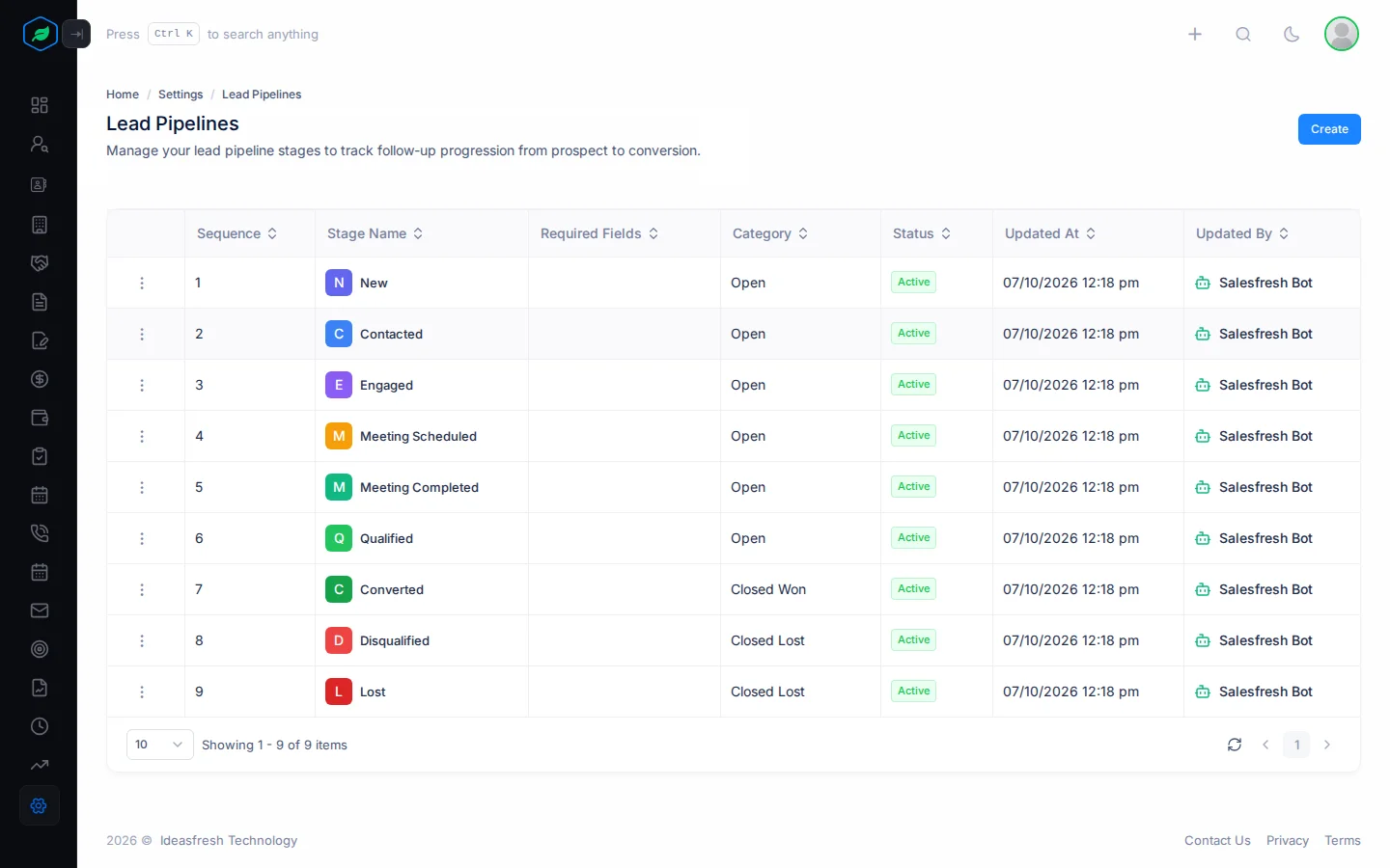 The Lead Pipelines settings page listing each stage with its sequence, category and status