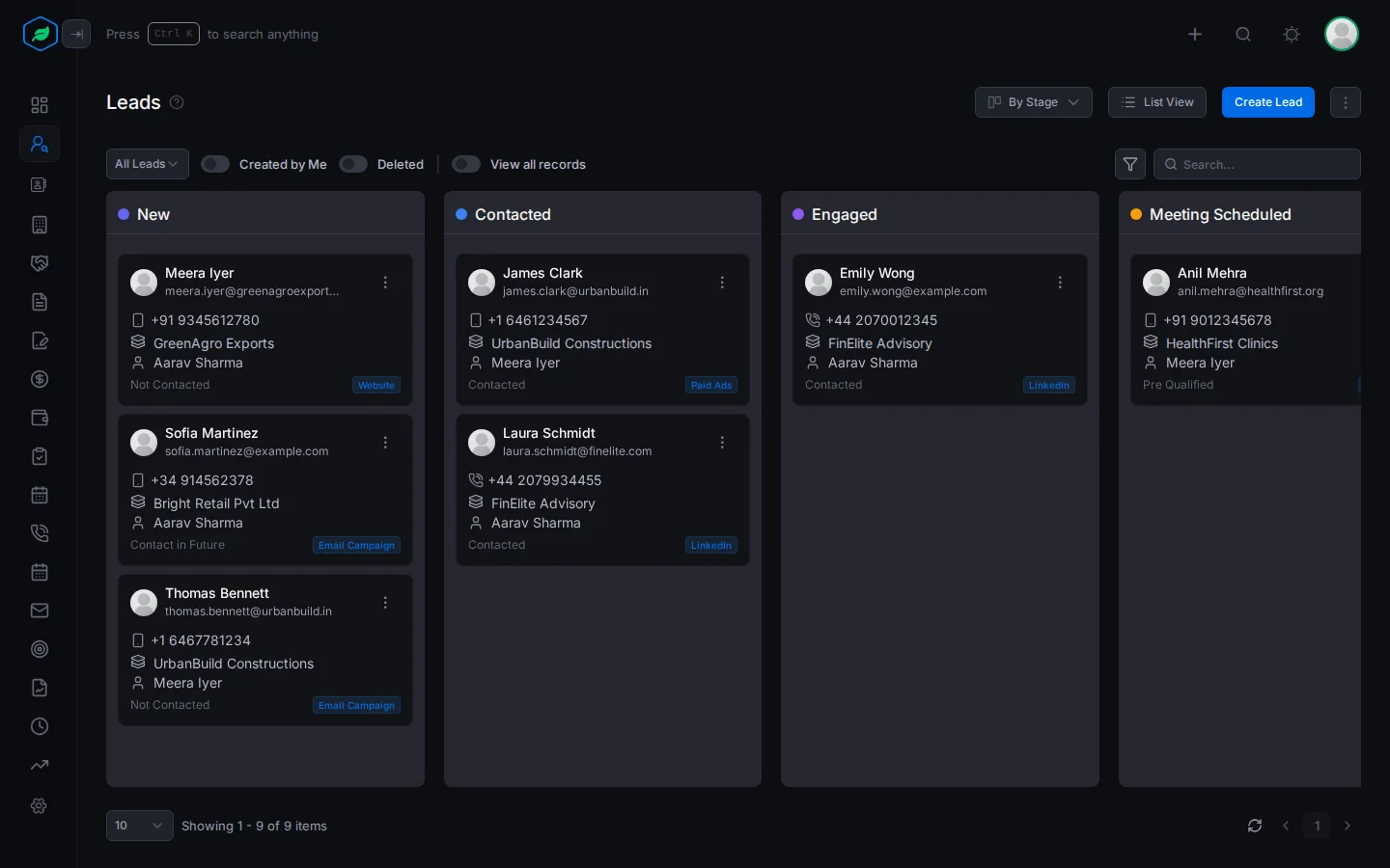 Kanban View by stage, with a column for each stage of the lead pipeline and a card for each lead