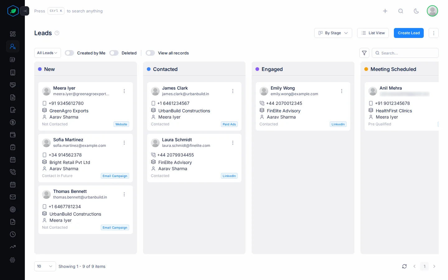 Kanban View by stage, with a column for each stage of the lead pipeline and a card for each lead