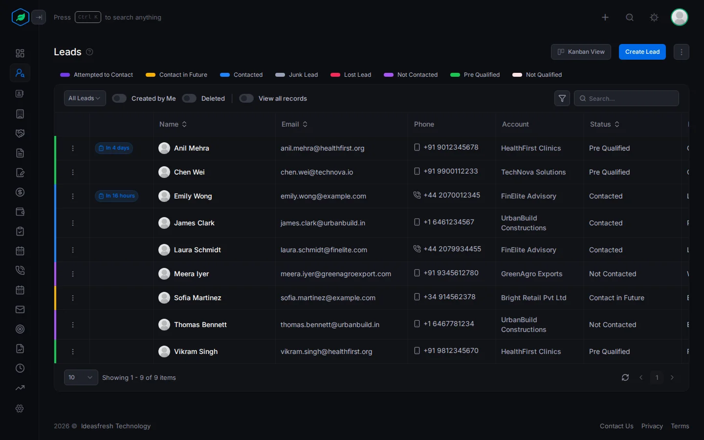 The leads list in List View, with status chips above the table and the toolbar with views, switches, filter and search