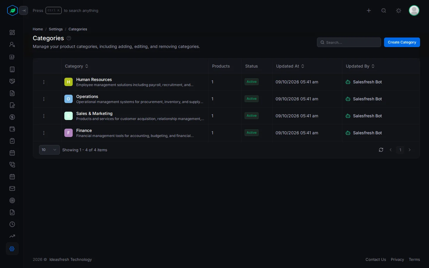 The Categories page listing each category with its description, how many products use it, and who last changed it