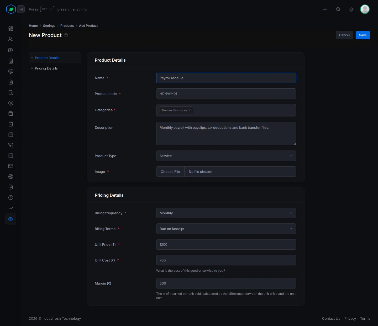The New Product form filled in for a Payroll Module, with its code, category, description, type, billing frequency, billing terms, price, cost and margin