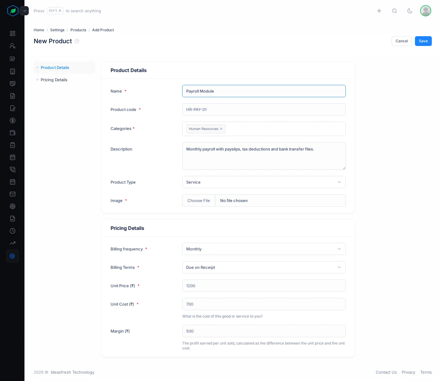 The New Product form filled in for a Payroll Module, with its code, category, description, type, billing frequency, billing terms, price, cost and margin