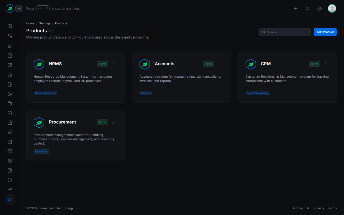 The Products page with a card per product showing its image, status and categories