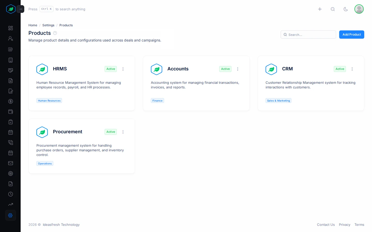 The Products page with a card per product showing its image, status and categories