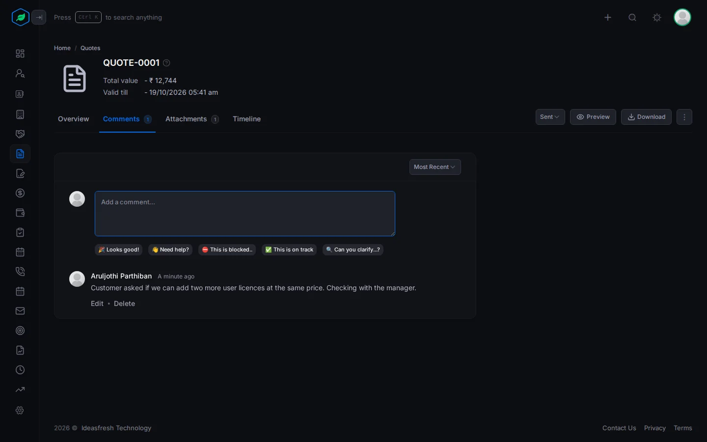 The Comments tab on a quote, with a note from the team