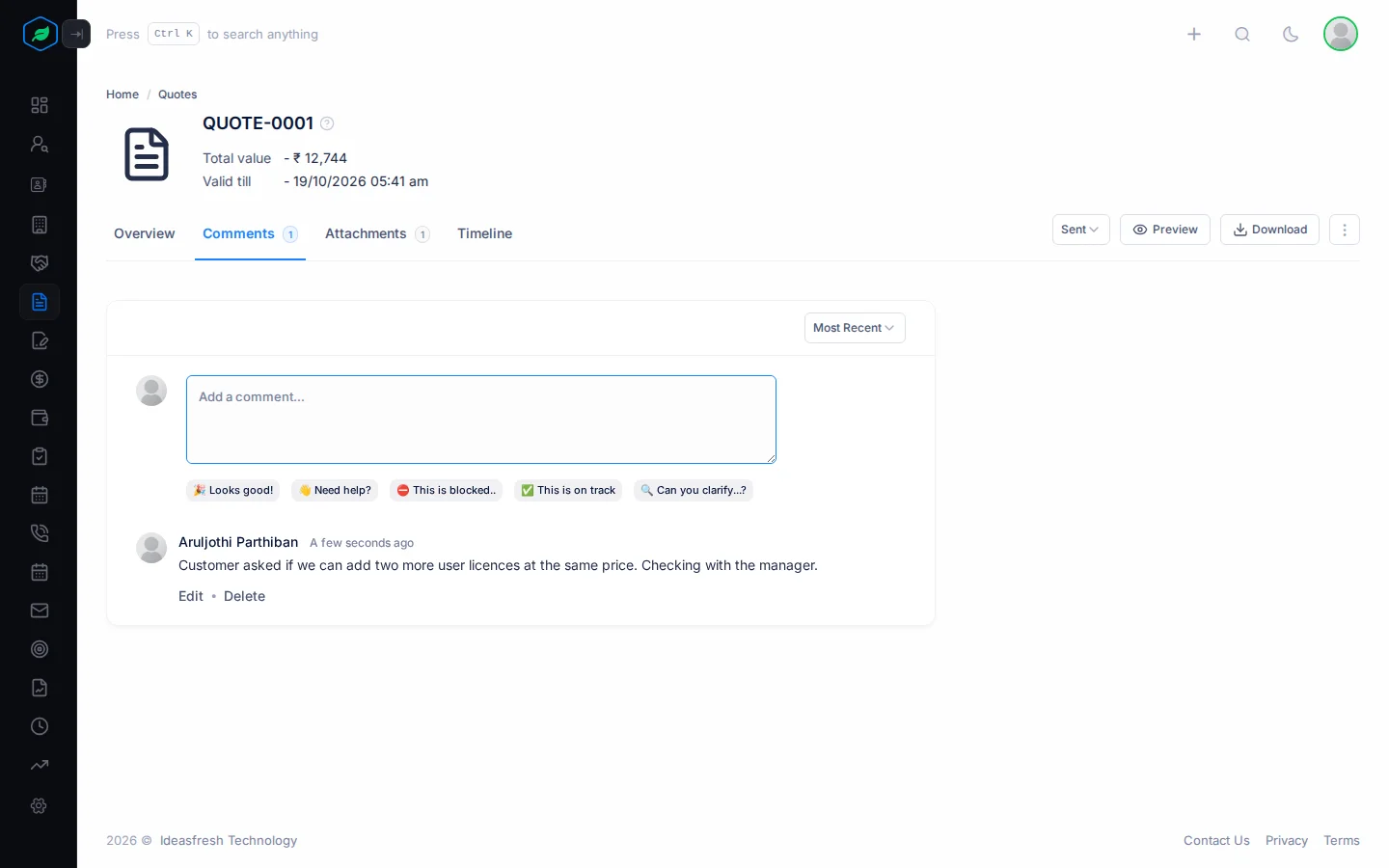 The Comments tab on a quote, with a note from the team