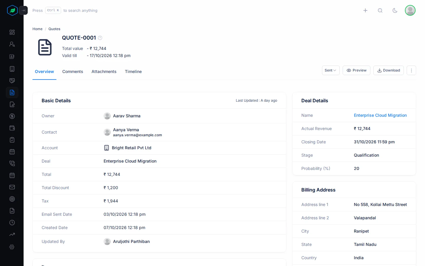 A quote's page: header with number, total and valid till, the action bar with status, Preview and Download, and the Basic Details and Items cards