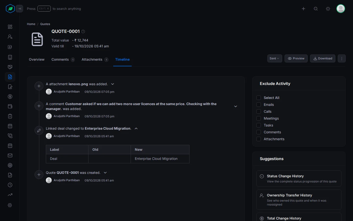 The Timeline tab on a quote, with a change entry opened to show its old and new values