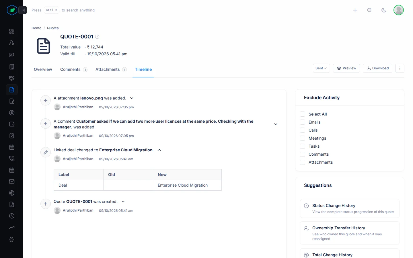 The Timeline tab on a quote, with a change entry opened to show its old and new values