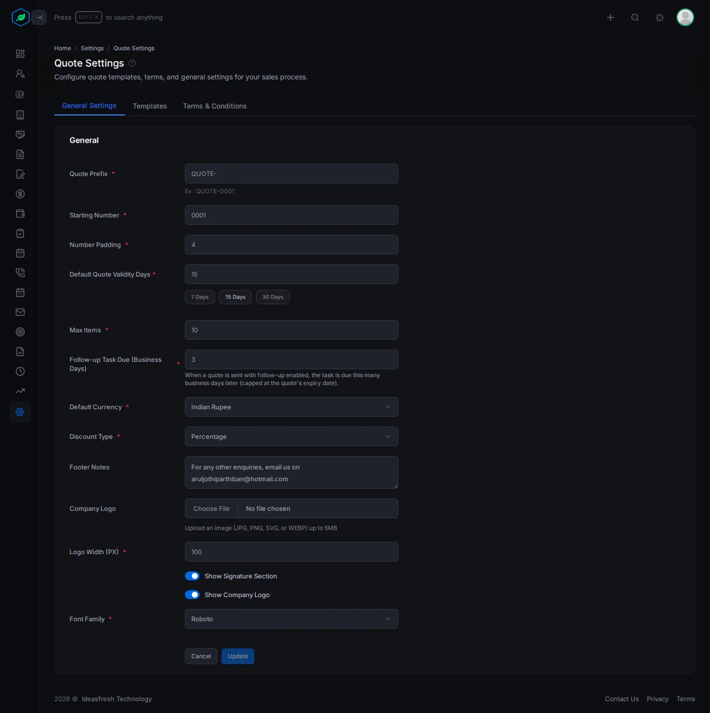 The General Settings tab with quote prefix, starting number, padding, validity days, max items, currency, discount type, logo and font