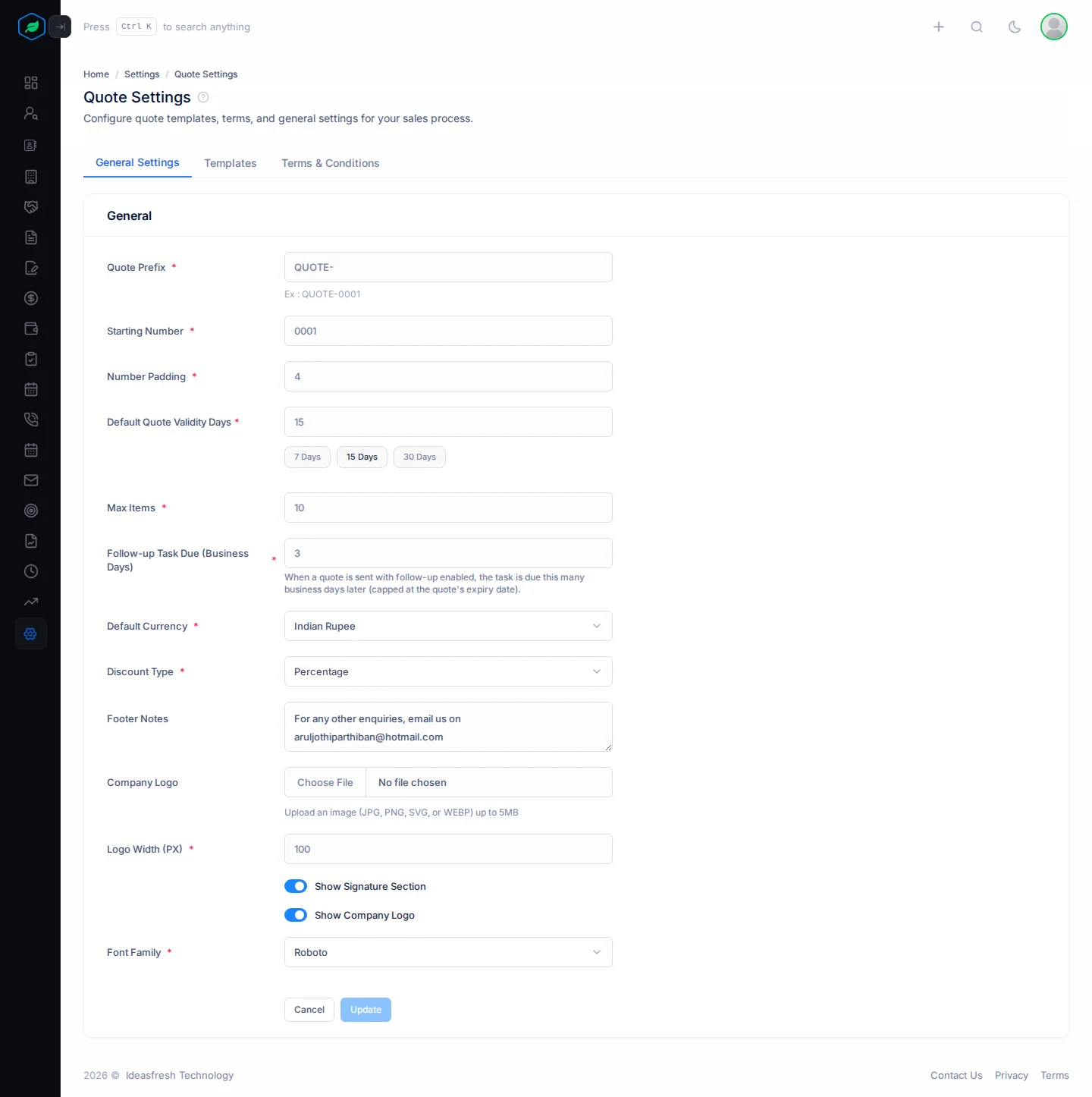 The General Settings tab with quote prefix, starting number, padding, validity days, max items, currency, discount type, logo and font