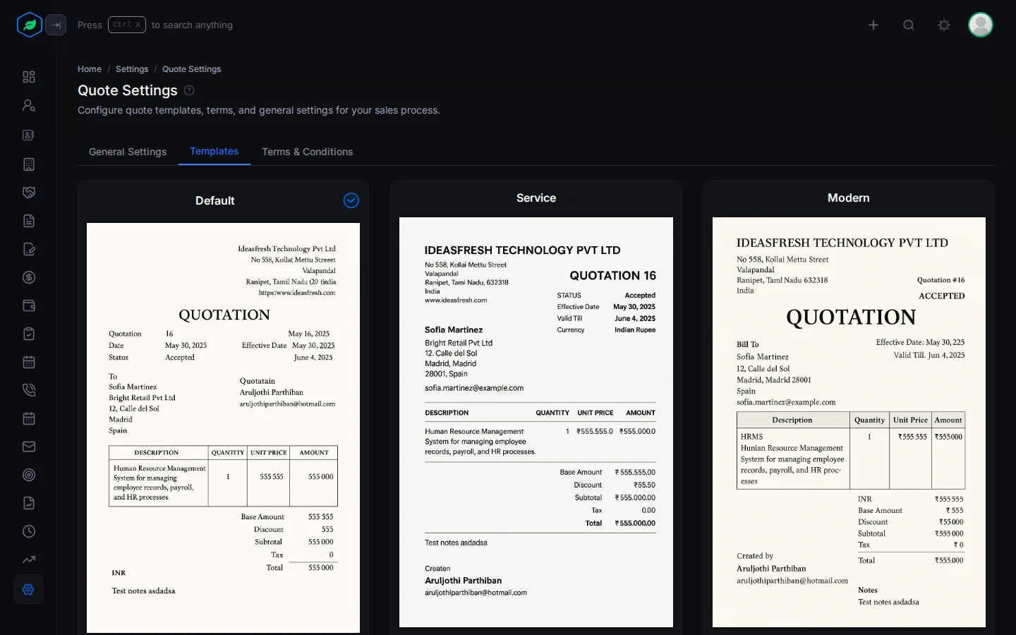 The Templates tab showing the five quote templates with the current one checked