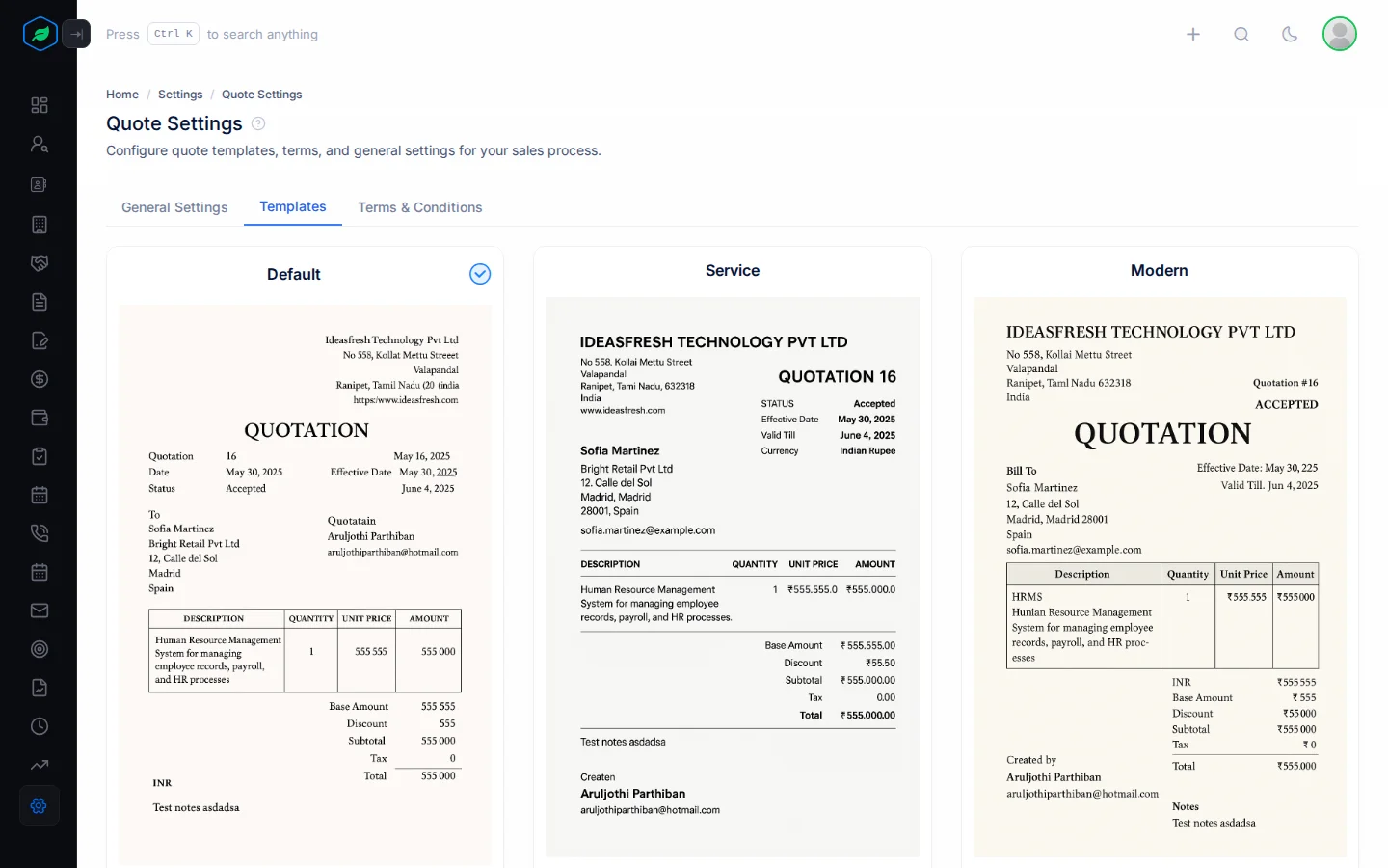 The Templates tab showing the five quote templates with the current one checked