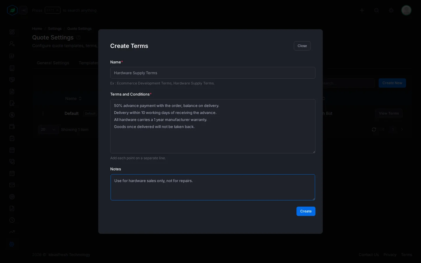 The Create Terms window with the name Hardware Supply Terms, four terms on separate lines, and a note for the team