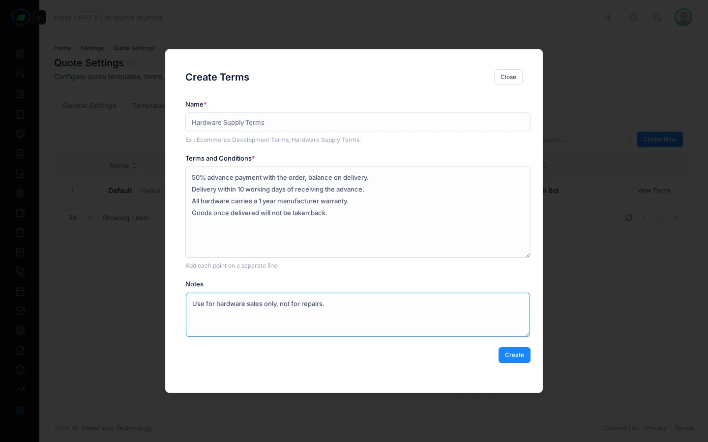 The Create Terms window with the name Hardware Supply Terms, four terms on separate lines, and a note for the team
