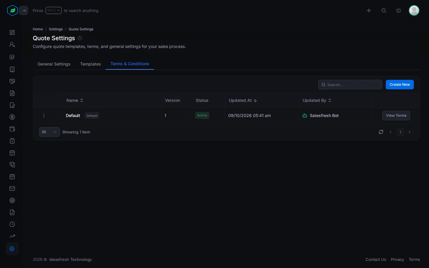 The Terms & Conditions tab listing each set of terms with its version, status and a Default badge