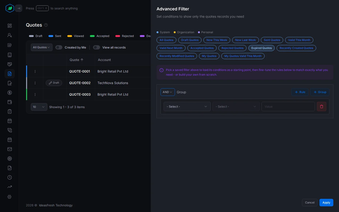 The Advanced Filter panel, with saved filters at the top and a condition builder with AND, Rule and Group below