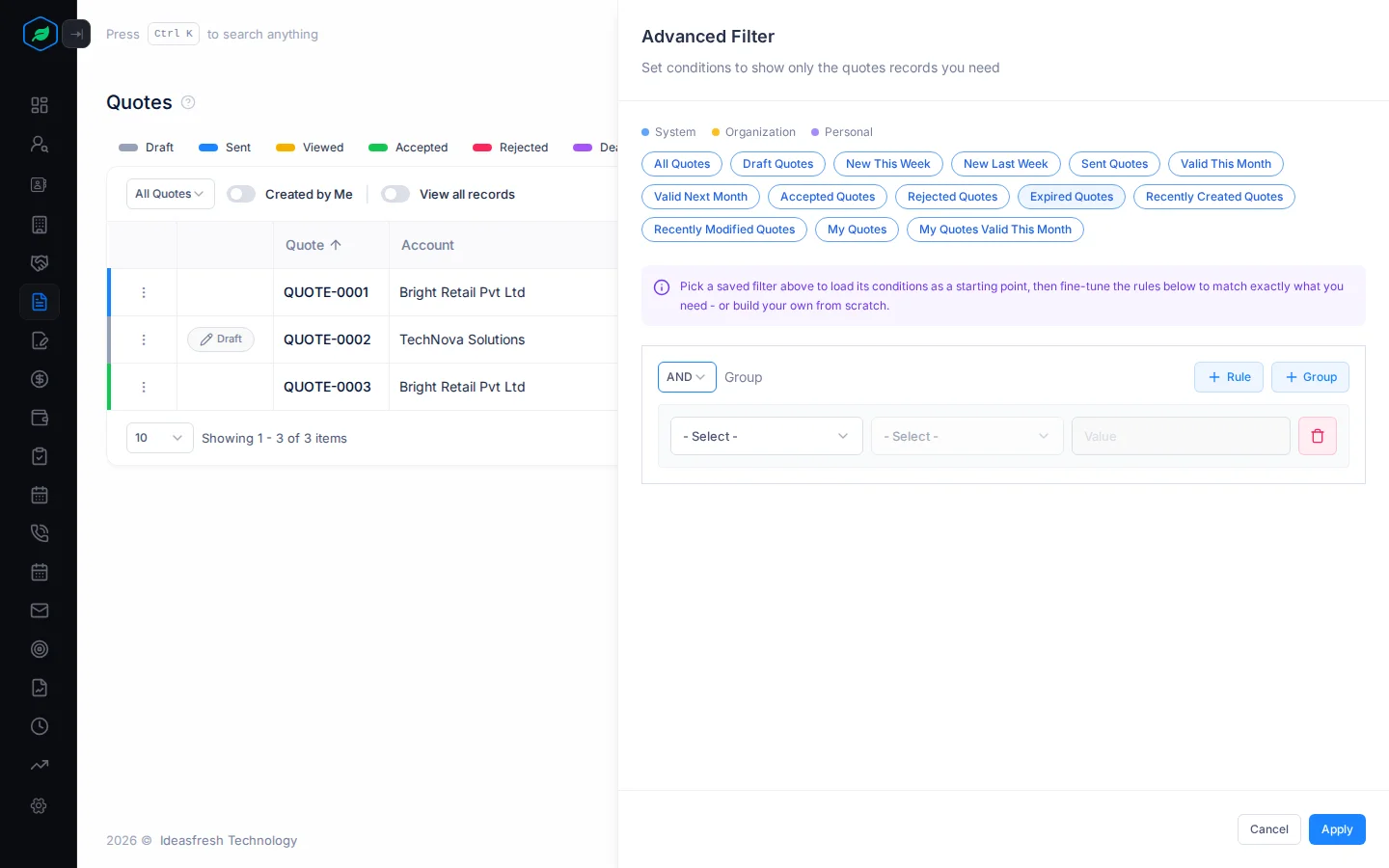 The Advanced Filter panel, with saved filters at the top and a condition builder with AND, Rule and Group below