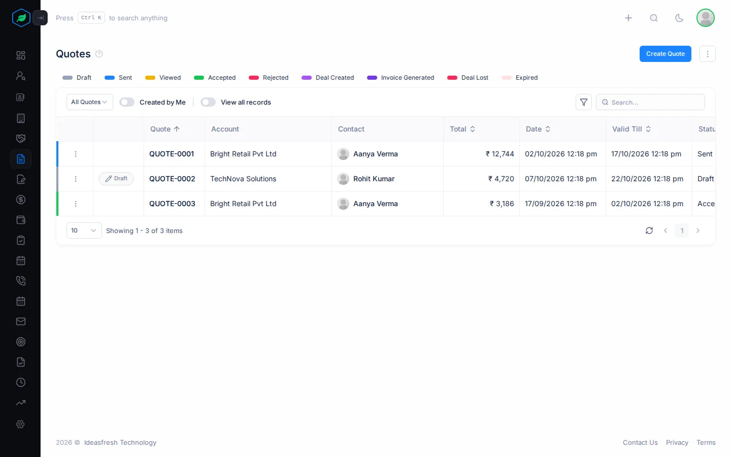 The quotes list with status chips above it and columns for quote number, account, contact, total, date, valid till and status