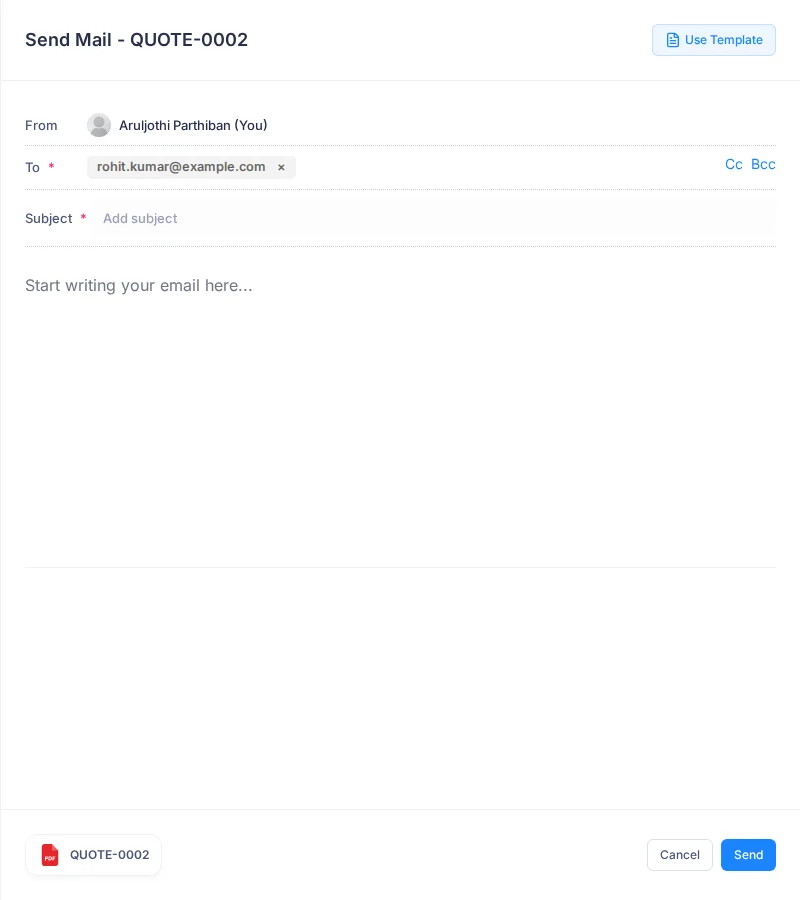 The Send Mail panel with the To field, Subject, the message editor, Use Template and the quote PDF attachment
