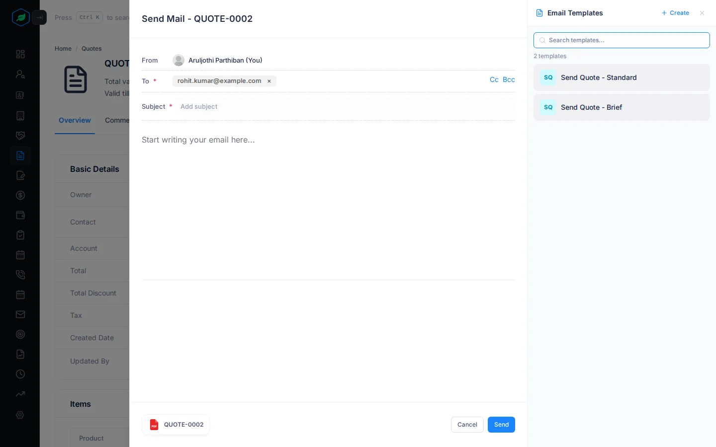 The Send Mail panel with the Email Templates panel open next to it, listing Send Quote - Standard and Send Quote - Brief