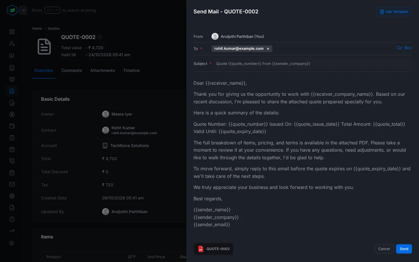 The Send Mail panel after picking the Send Quote - Standard template, with the subject and message filled in