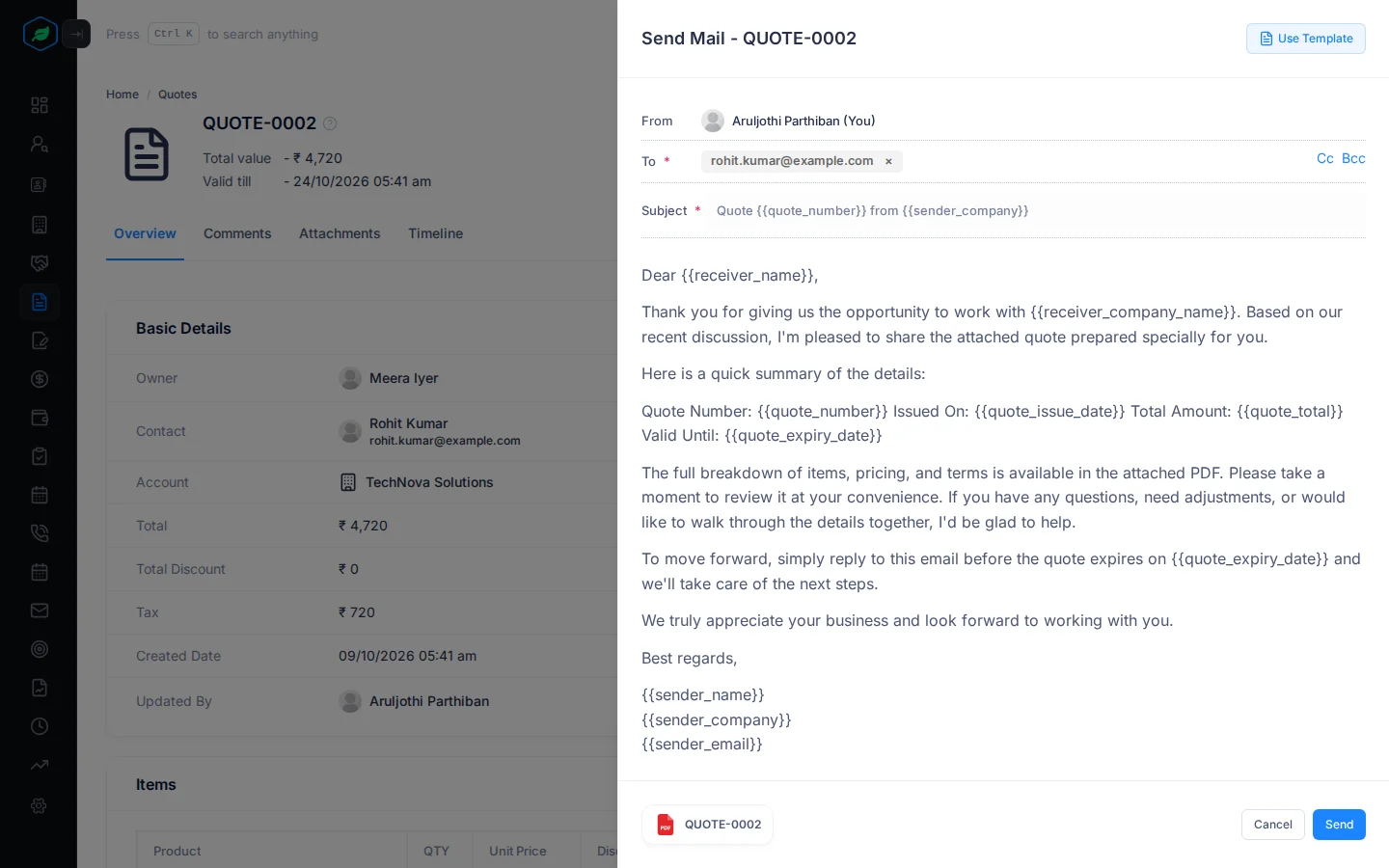The Send Mail panel after picking the Send Quote - Standard template, with the subject and message filled in