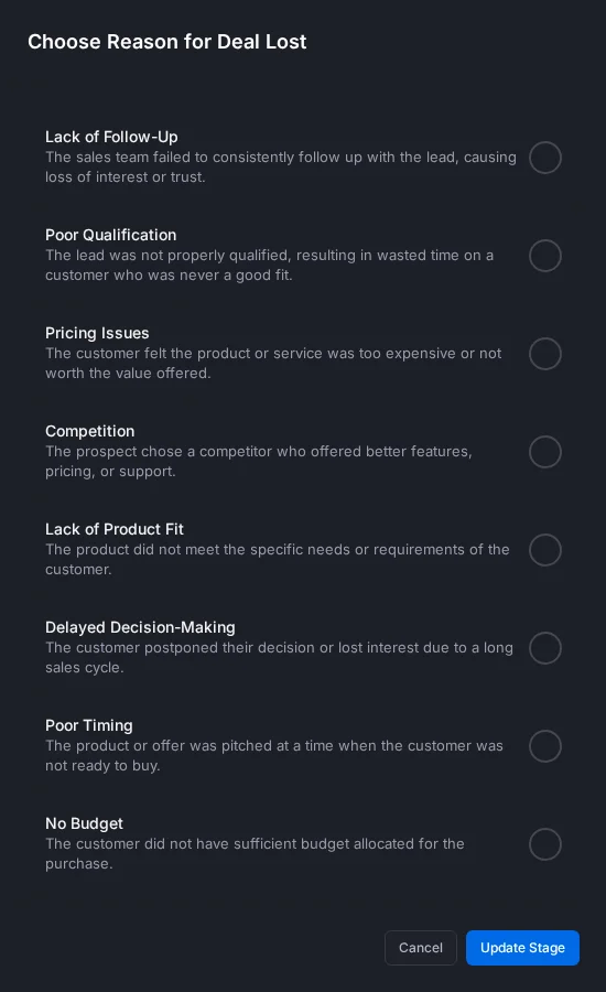 The Choose Reason for Deal Lost panel listing the reasons, each with a short description