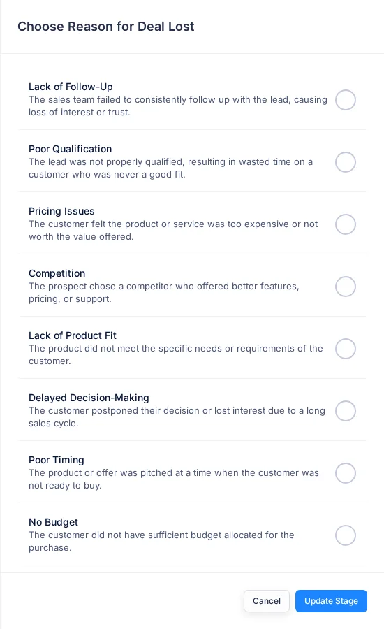 The Choose Reason for Deal Lost panel listing the reasons, each with a short description