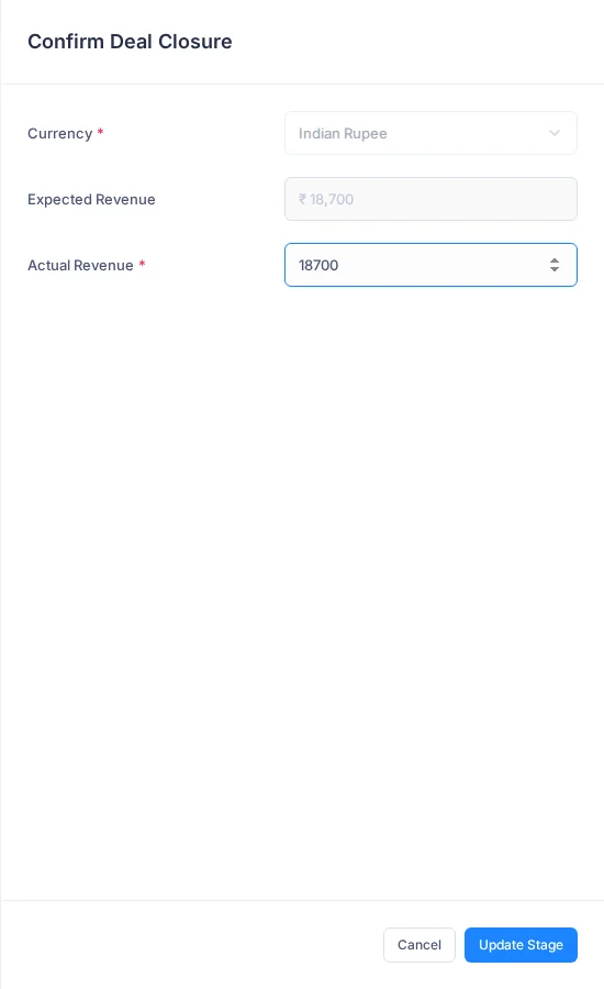 The Confirm Deal Closure panel showing the expected revenue and an Actual Revenue field