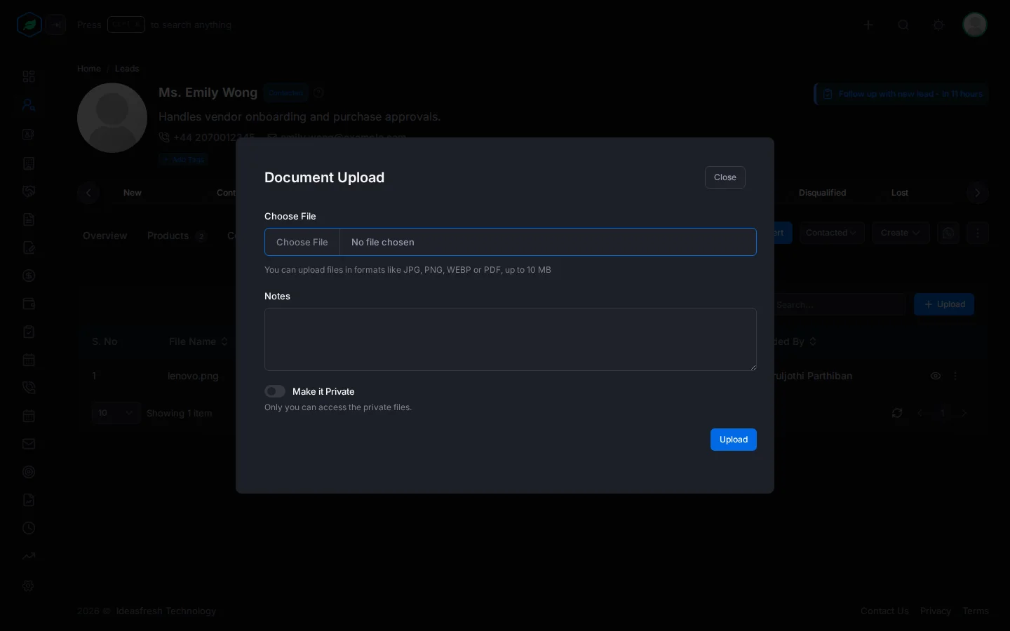 The Document Upload window with Choose File, Notes and the Make it Private switch