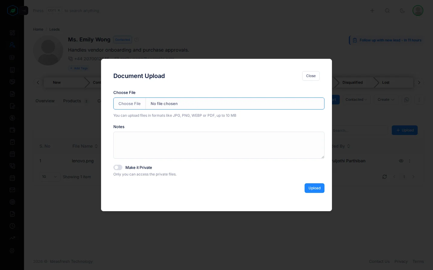 The Document Upload window with Choose File, Notes and the Make it Private switch