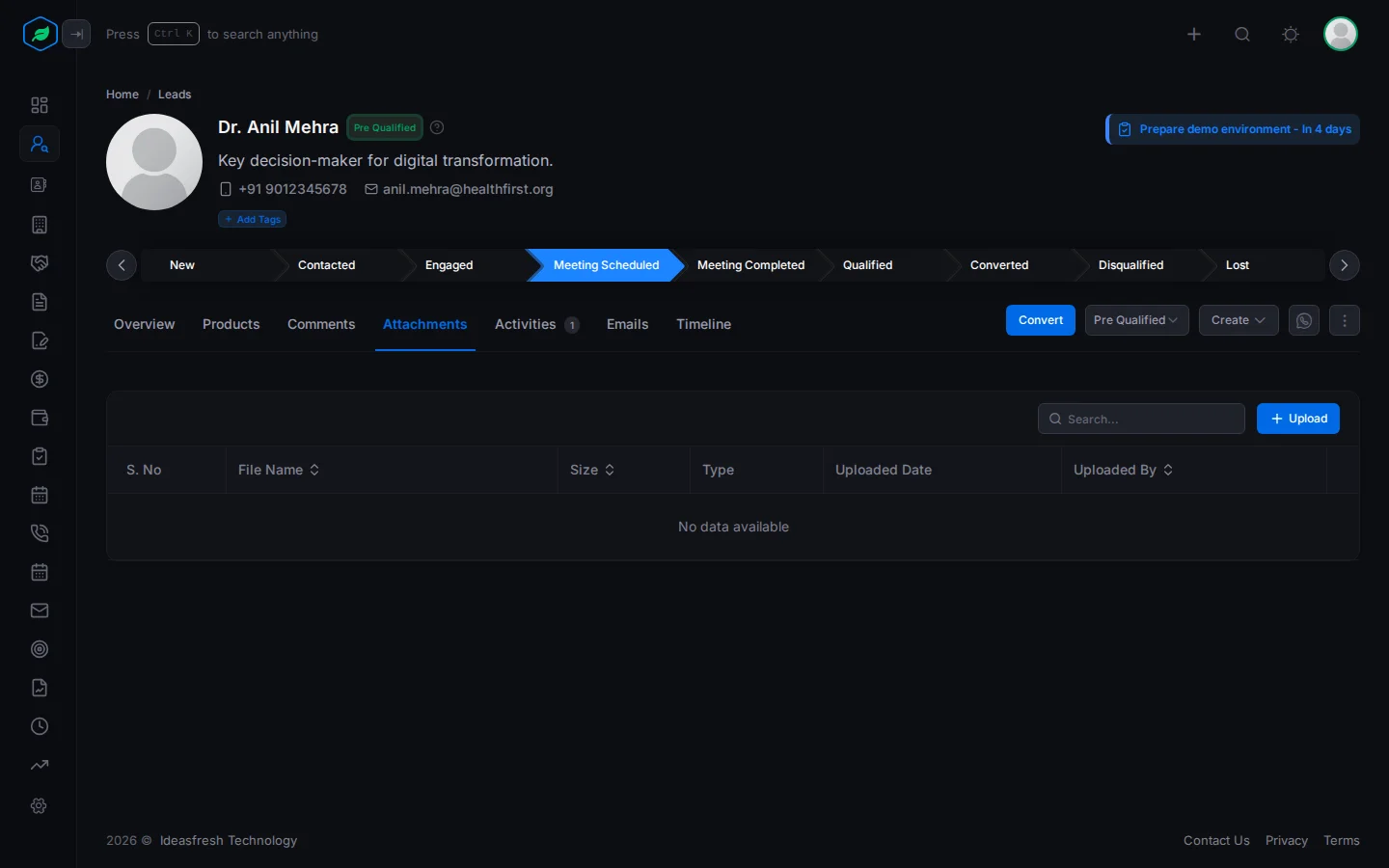 The Attachments tab listing files with their size, type, upload date and uploader