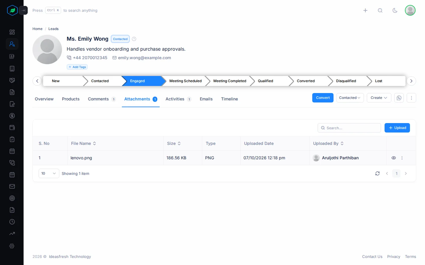 The Attachments tab listing files with their size, type, upload date and uploader