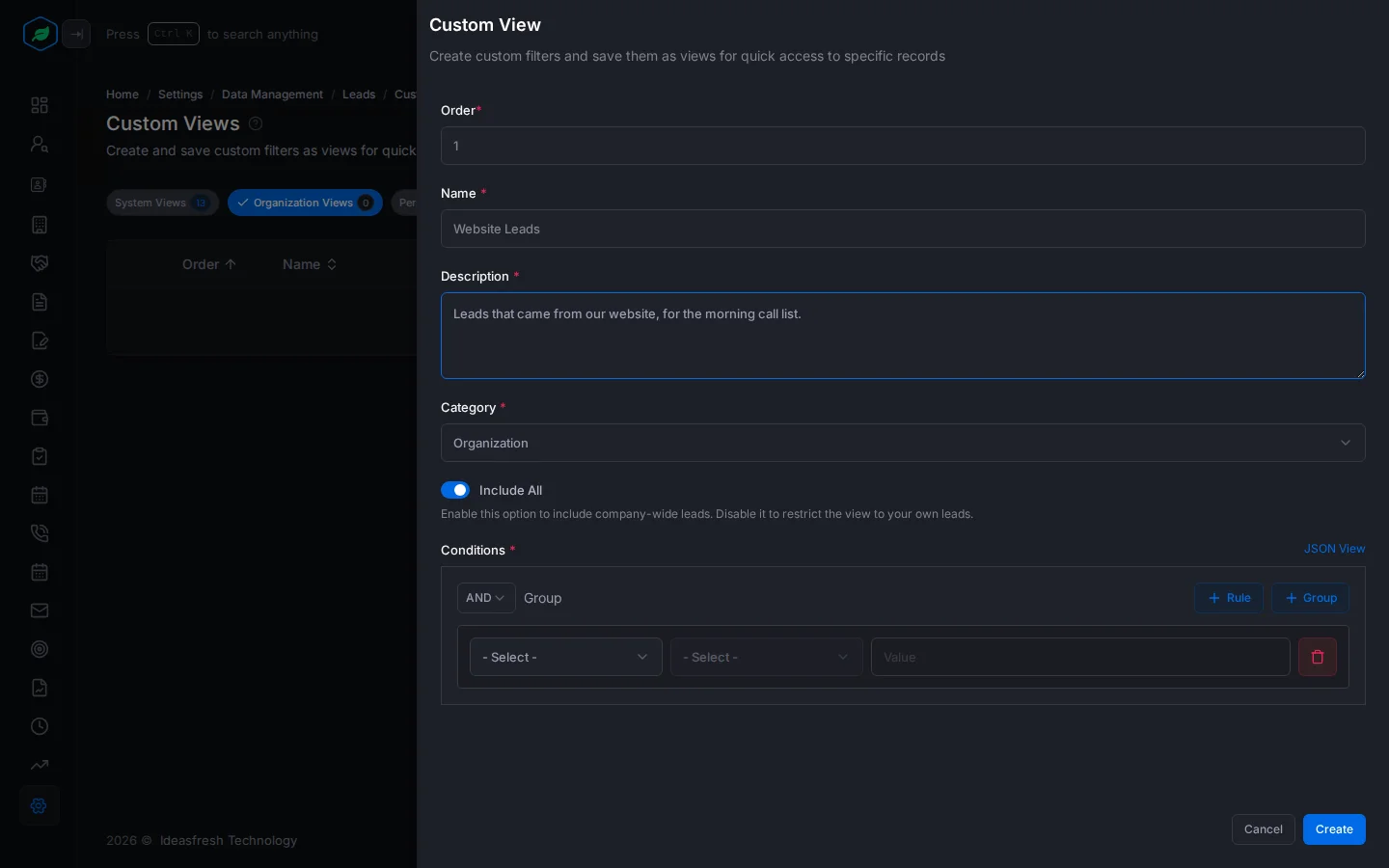 The Custom View panel filled in for a Website Leads view, with the Conditions box below