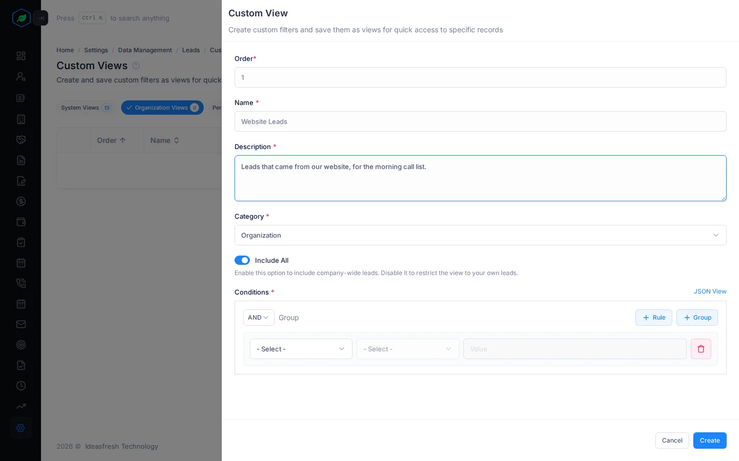 The Custom View panel filled in for a Website Leads view, with the Conditions box below