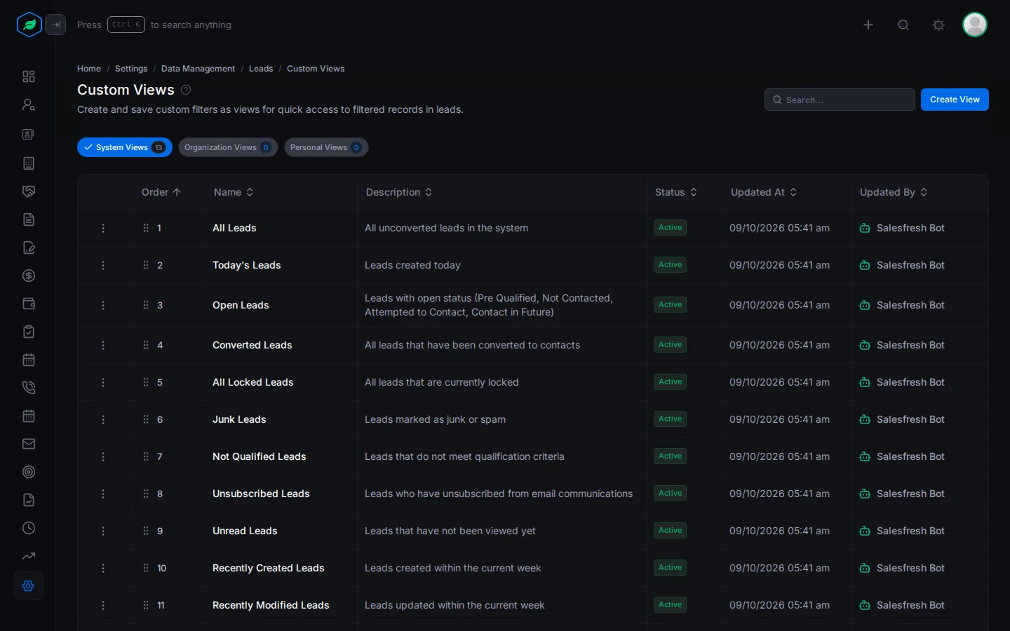 The Custom Views page for leads, with the System, Organization and Personal tabs