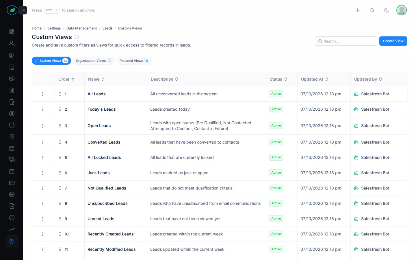 The Custom Views page for leads, with the System, Organization and Personal tabs
