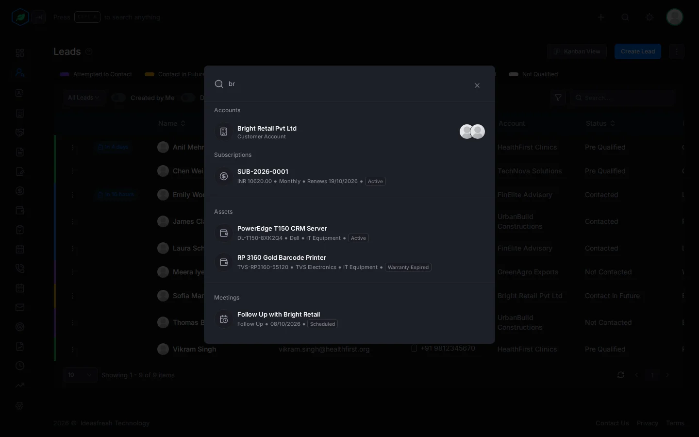 The search window with results for "br" grouped into Accounts and Meetings